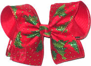 Large Green Glitter Christmas Trees and Green Glitter Dots on Red over Red Double Layer Overlay Bow
